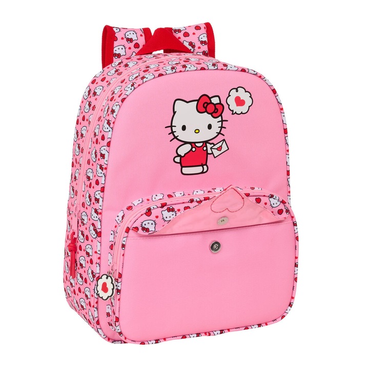 Hátizsák, Hello Kitty, Rózsaszín, 26 x 34 x 11 cm, ergonomikus hátpárnázat, cipzáras elülső zseb, oldalsó zseb flakonnak, REACH tanúsítvány, 300D poliészter