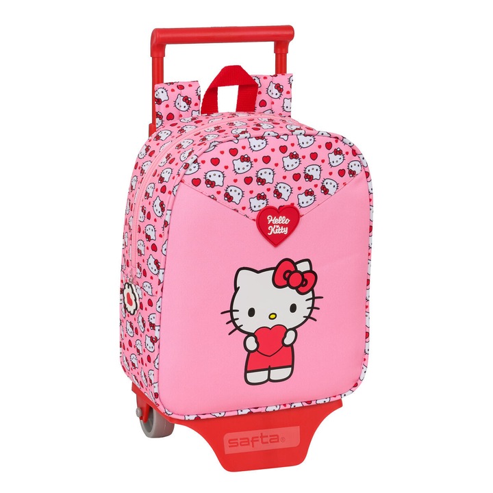 Iskolatáska, Hello Kitty, rózsaszín, 22 x 27 x 10 cm, PVC anyag, állítható rendszer, levehető kocsi, gyerek, magasság 54 cm
