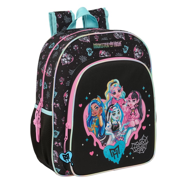Ghiozdan, Monster High, negru, 32 x 38 x 12 cm, captuseala ergonomica, maner superior, compartimente pentru sticla, buznar frontal cu fermoar
