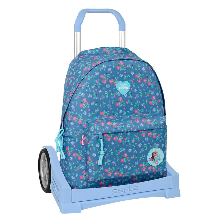 Ghiozdan, Ghiozdan Frozen, Albastru, Curele umar captusite, Captuseala ergonomica, Caruciour detasabil, Gen infantil, Inaltime 85 cm, Fermoar, Buzunar frontal cu fermoar