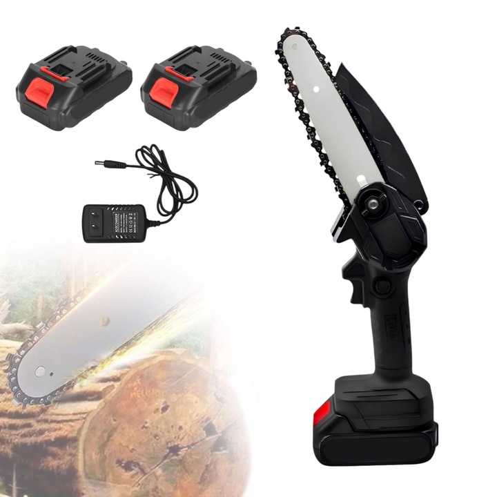 Mini akkumulátoros elektromos láncfűrész 6 hüvelykes, 2 db 48V akkumulátorral, könnyű és erős, tartozékokkal, fekete, HAPPY JOKER®