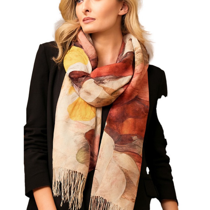 Esarfa Galben eleganta 180x70 cm, model floral atemporal, 100% poliester, accesoriu versatil pentru toate anotimpurile si ocazii speciale – Agrafka unisize