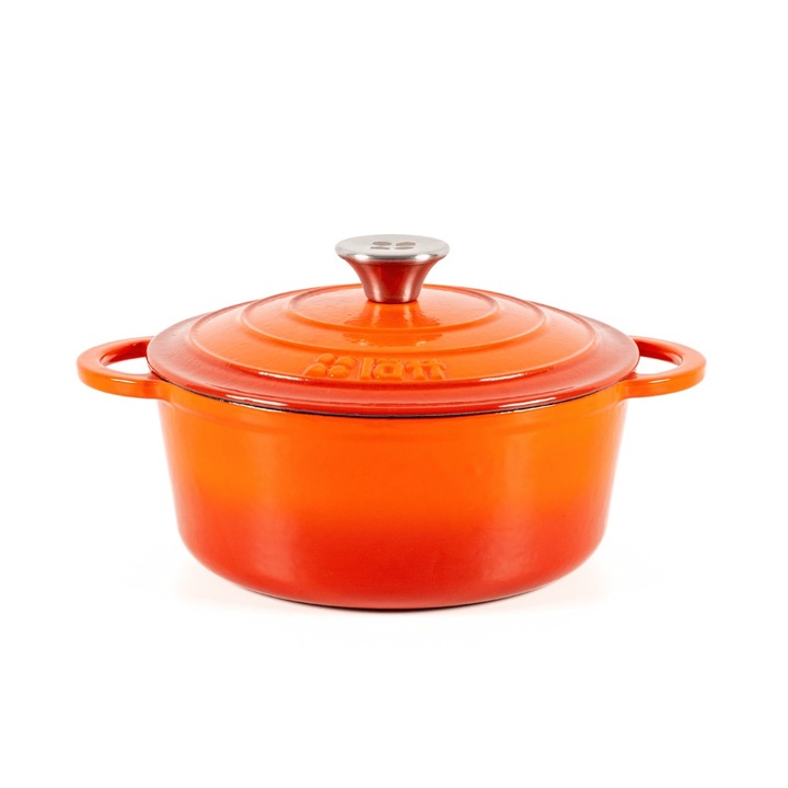 Ceaun din fonta emailata 2.8L, Lätt Home, tip cuptor olandez, cu capac 22 cm, antiaderent, portocaliu