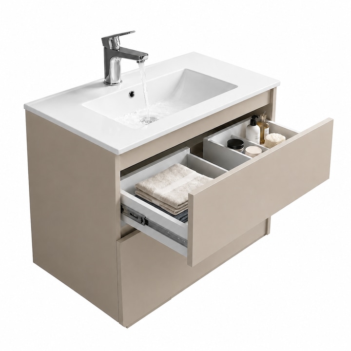 Mobilier de baie CALPE 60 cu lavoar, paplinskimoebel, placa de mobilier laminata, culoare casmir mat, bej, lavoar ceramic alb, functii speciale, sistem de inchidere silentioasa, dimensiuni 61,3 x 54,5 x 40 cm