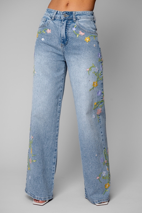 Blugi lungi elastici cu strasuri si broderie florala colorata Light Blue 20329, Albastru deschis