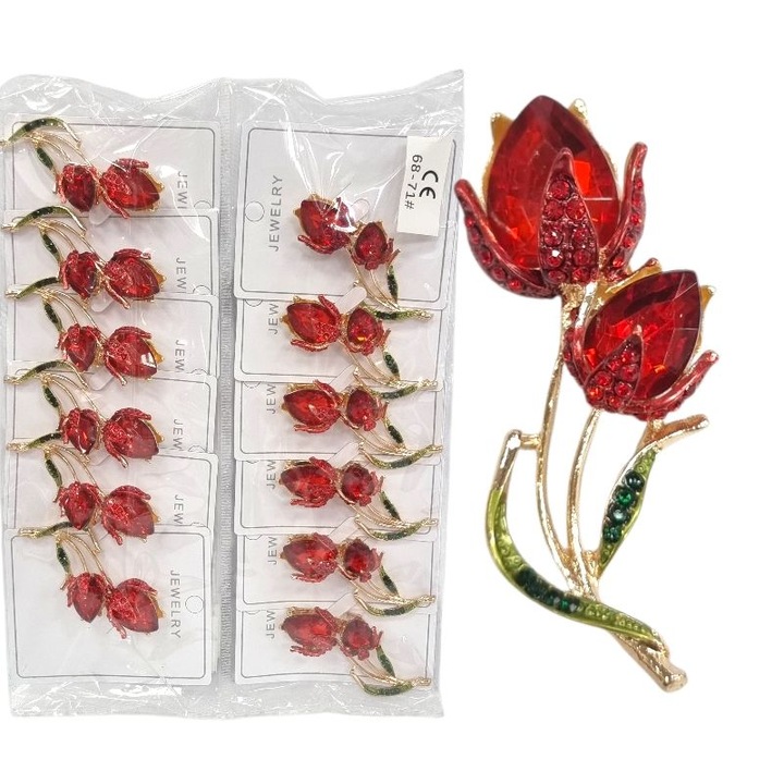 Martisor brosa lalea si cristale rosii