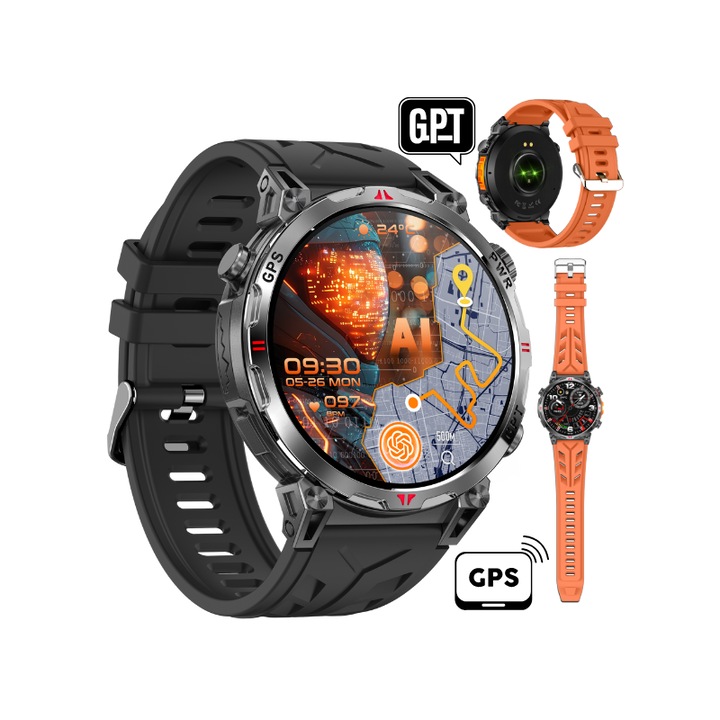 Okosóra Férfiaknak Bluetooth Hívásokkal, AI DaGPT, Beépített GPS, Értesítések, SMS, Pulzusszám, Vérnyomás, AMOLED Kijelző 1.56”, Akkumulátor 650 mAh, GITECH® One, 2 Szíj Mellékelve