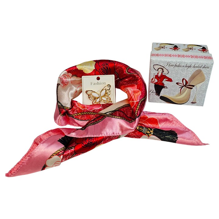 Set cadou esarfa roz cu brosa fluture, Velve, imprimeu floral, dimensiune 45x45cm