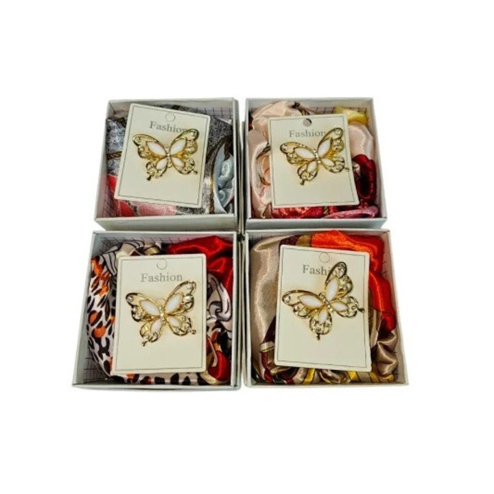 Set cadou 4 esarfe cu brosa fluture, Velve, modele variate, 45x45cm