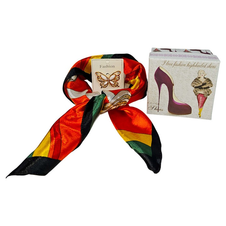 Set cadou esarfa multicolora cu brosa fluture, Velve, 45x45cm