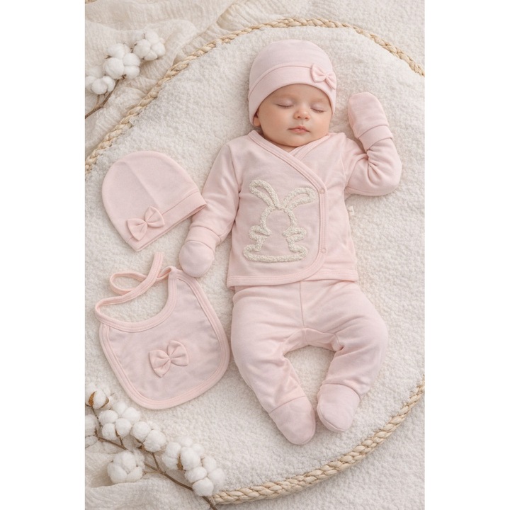 Set nascut fetita 5 piese roz pastel, bumbac premium, 0-3 luni, design iepuras