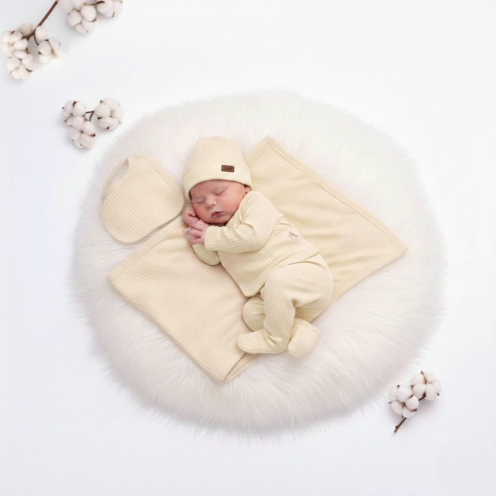 Set nou nascut 7 piese, bumbac ribat, crem, 0-3 luni, 56-62 cm