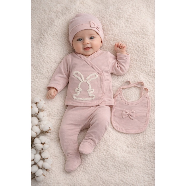 Set bebe 5 piese lila, bumbac, 0-3 luni, body, pantaloni, caciula, baveta, manusi