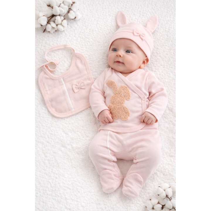 Бебешки комплект от 5 части за момиченце, розов, 0-3 месеца, памук, със зайче