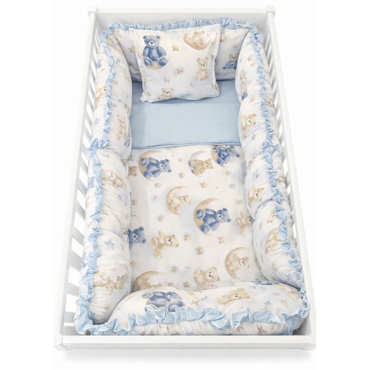Бебешки спален комплект Лунна приказка, ТЕДИ-ДЕНИ 1, С обиколници, 8 части, 120/60, син