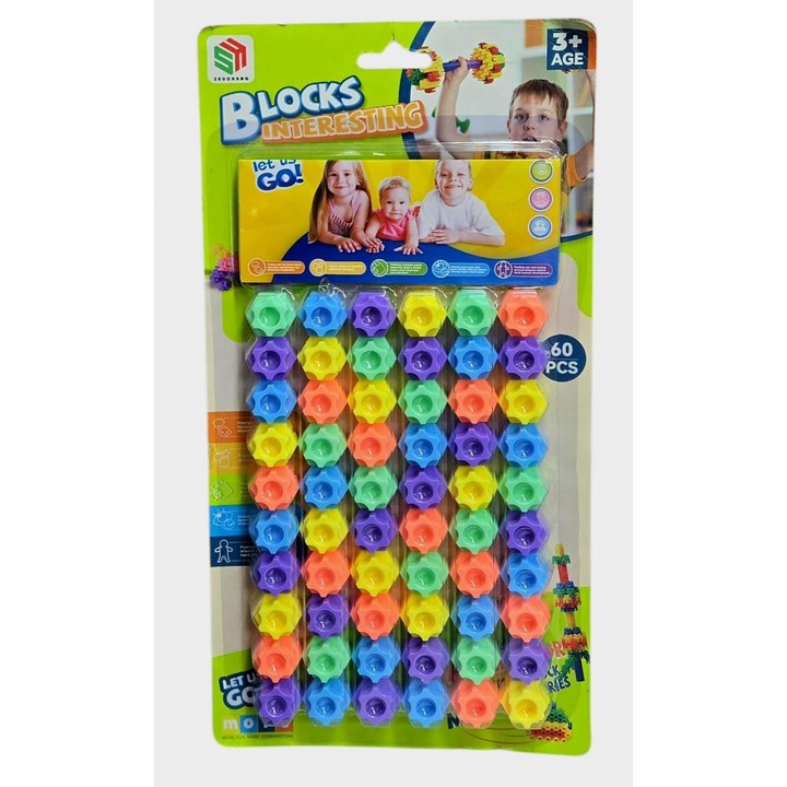 Set 60 piese colorate, constructie, pentru copii de 3 ani