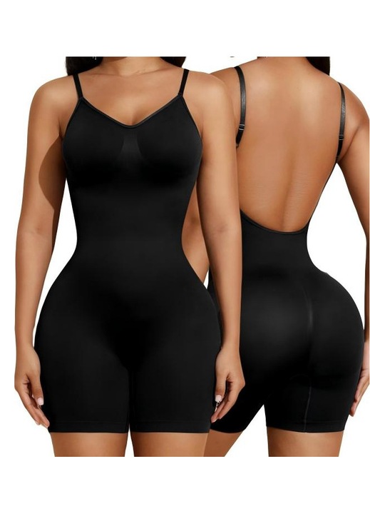 Lenjerie modelatoare tip body elastic, Efect de lifting al bustului si feselor, Fara cusaturi cu bretele ajustabile, Negru, Negru