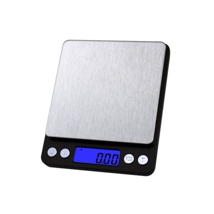 Mini Avaleea elektronikus mérleg, 3 kg, kompakt kialakítás, digitális kijelző, 12.7x10.6x1.9 cm, fekete/szürke