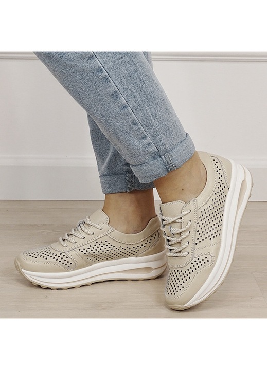 Sneakers piele naturala bej, perforat, Corina M4 19370, Bej