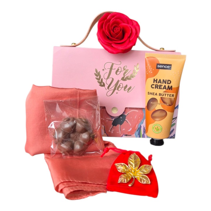 Pachet cadou, CautunCadou, esarfa matase 58x58cm, brosa frunza, trandafir sapun rosu, cutie 19, 5x7, 5x13, 5cm