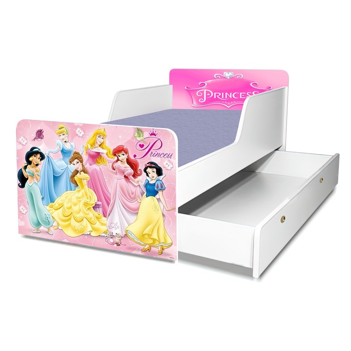 Pat Printese Disney, 160x80 cm, cu sertar, protectie si saltea inclusa