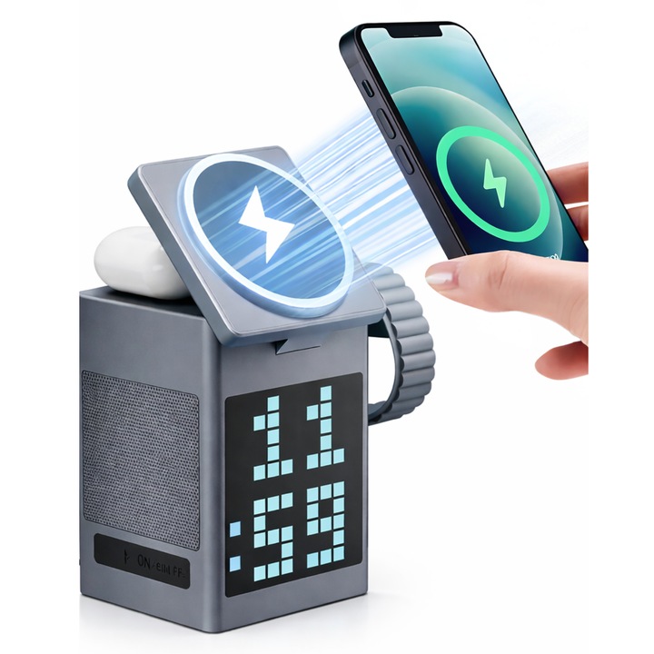Incarcator Wireless Statie 3 in 1 Allz, Incarcare Rapida 15W, MagSafe, Boxa Bluetooth, Ceas, 12 Imagini RGB, Compatibil iPhone, Apple Watch, AirPods, Negru
