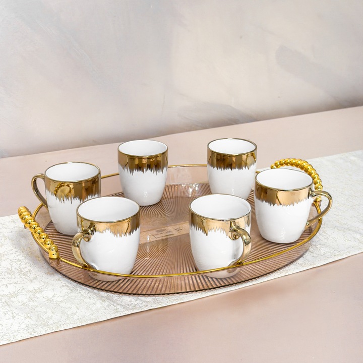 Set cani cafea 6 bucati, ceramica alb cu auriu, design elegant, finisaj lucios, ideale pentru espresso, cafea si cadou