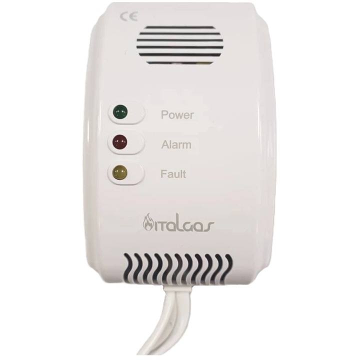 Detector de gaz Italgas, alarma acustica 85 dB, alarma vizuala, timp de raspuns 30 s, alb, 123 x 81 x 44 mm, alimentare 220V, cu baterie de rezerva de 9V