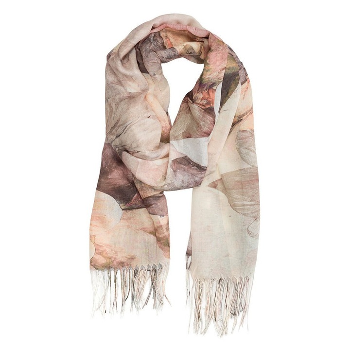 Esarfa bej eleganta 180x70 cm, model floral atemporal, 100% poliester, accesoriu versatil pentru toate anotimpurile si ocazii speciale