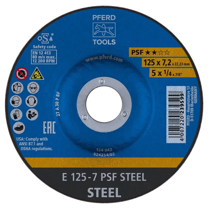 Disc abraziv PFERD PSF STEEL E 125x7.2x22.23 mm, pentru otel, Pferd