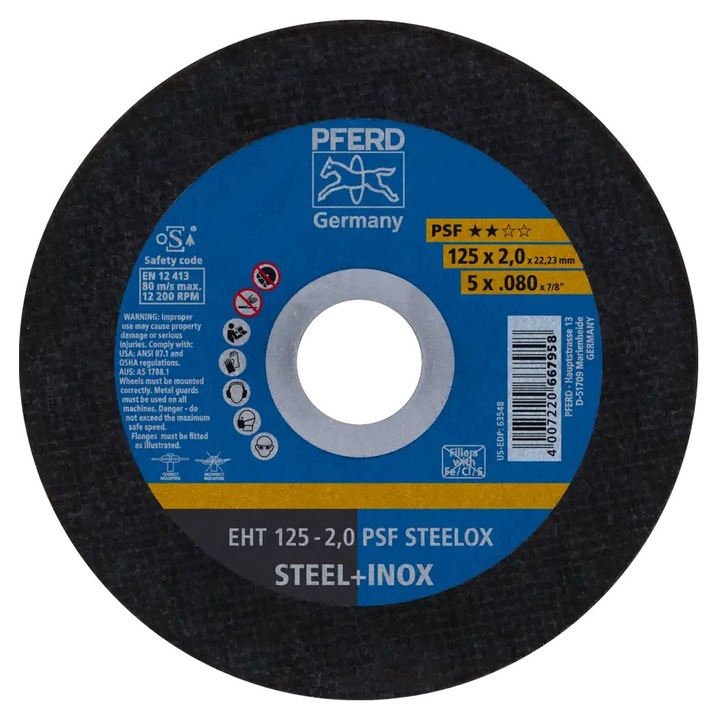 Disc debitare PFERD PSF STEELOX EHT 125x2.0x22.23 mm, pentru otel si inox, cod 69120850, Pferd