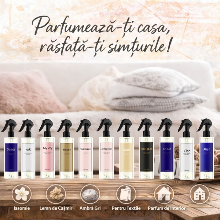 Odorizant interior premium cu miros persistent si intens, spray de camera si textile No.5, parfum ambiental floral-oriental inspirat de No.5, pentru casa, perdele si tapiterie, 200 ml