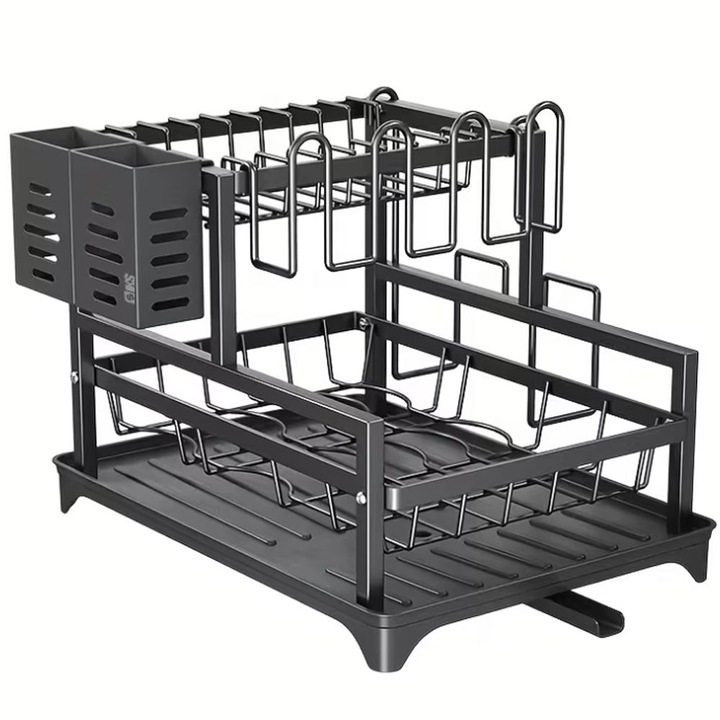 Сушилник за съдове SIKS с две нива, табла за отцеждане, поставка за прибори и чаши, органайзер за чинии, размери 42.5 см x 30.5 см x 26 см, черен