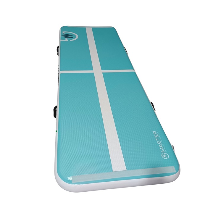 Saltea antrenament, Master, airtrack 200x100x10cm, turcoaz-alb, set cu pompa si geanta de transport