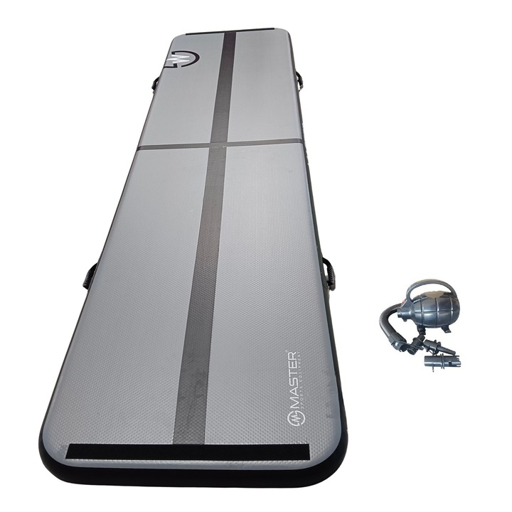 Saltea antrenament Airtrack MASTER 600x150x20cm, antracit-carbune, set cu pompa electrica si geanta de transport