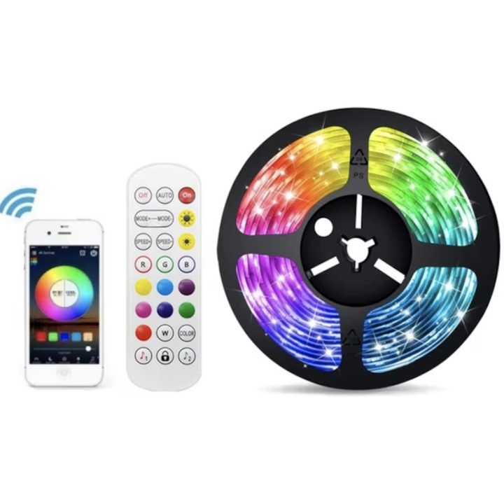 Banda LED RGB autoadezivă cu telecomandă și Bluetooth, 5m, iluminare pe baza sunetului