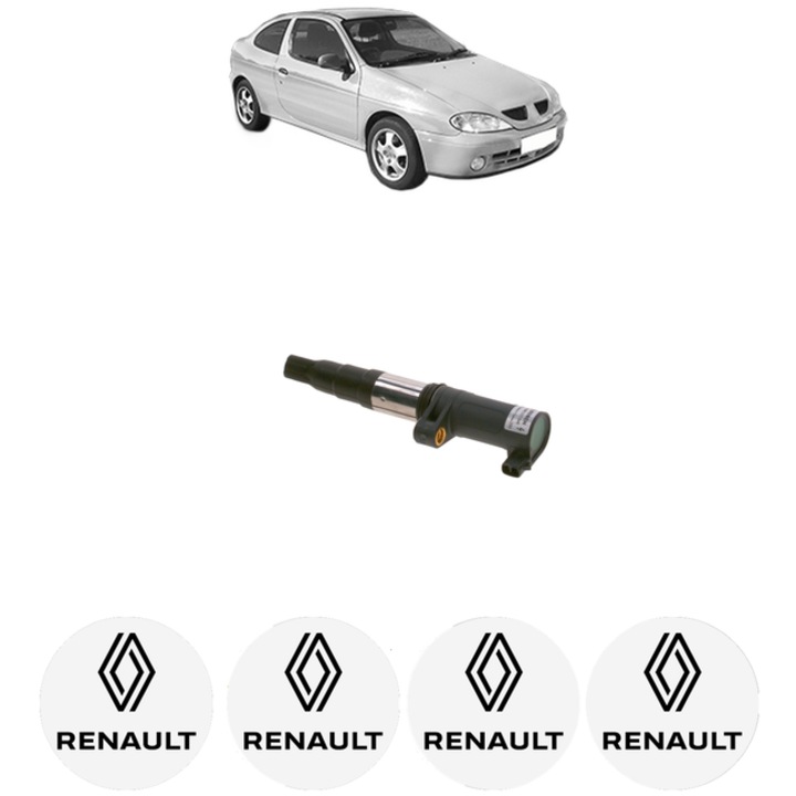 Bobina de inductie Bosch pentru RENAULT MEGANE I Coach 1.6 16V, 107 Cp, 4x Stickere auto, 1999-2003
