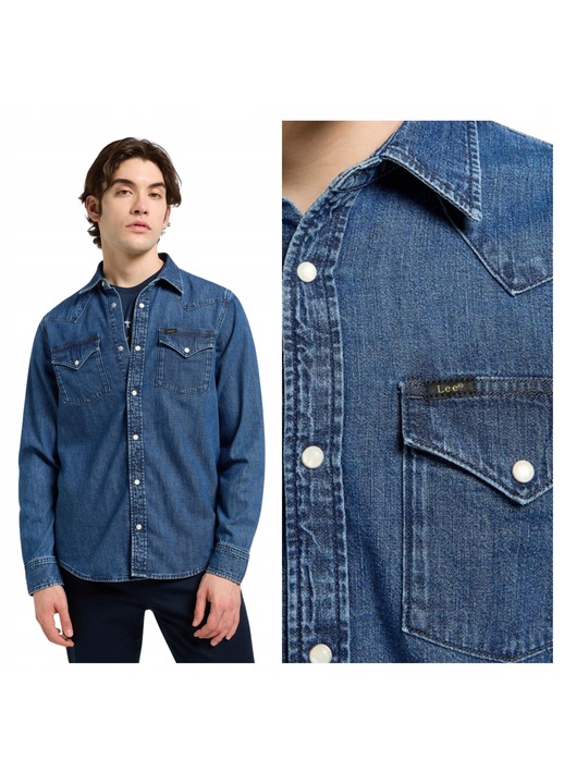 Camasa Barbati, Lee, Regular Western Shirt, Regular Fit, Cu Guler, Cu Nasturi, Design Clasic, Maneci Lungi, Bumbac, Marime M, Albastru