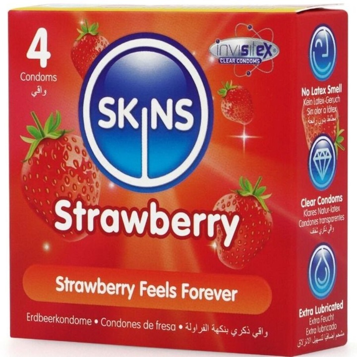 Skins óvszer, 4 darabos szett, eper ízű, síkosított, 190x55mm