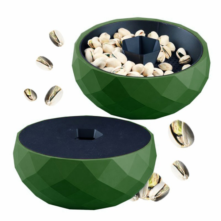 Bol pentru fistic și nuci cu capac, fund dublu, verde, design modern