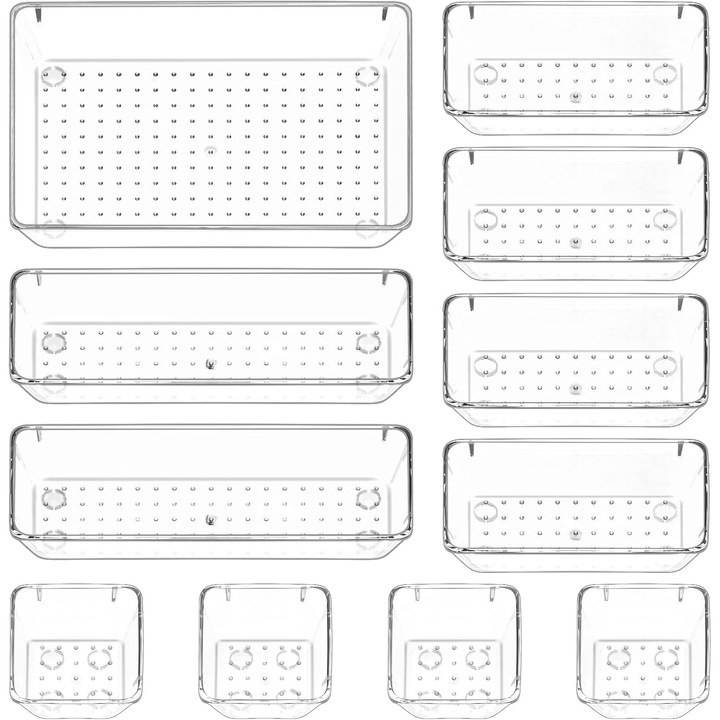 Set de 11 organizatoare sertare Puricon, antiderapante, transparent, diverse dimensiuni