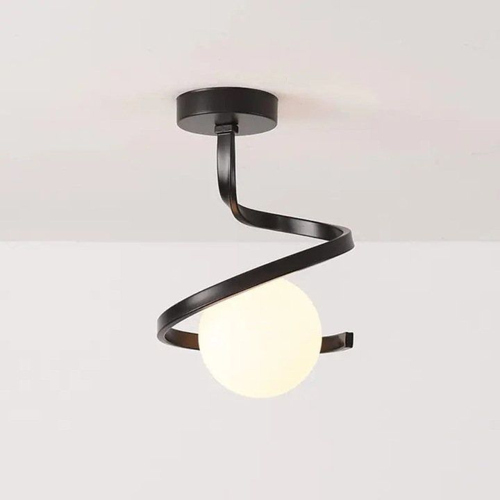 Lustra tip spirală Luminastar, glob sticlă albă, corp negru mat, 25x18x18cm
