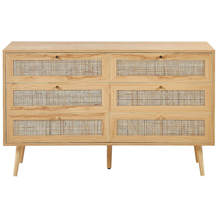 Comodă din ratan cu 6 sertare, Beliani, maro deschis, 120x42x75cm