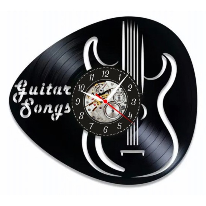 Ceas de perete decorativ, Guitar Songs, formă de pene de chitară, disc de vinil, mecanism quartz, negru mat