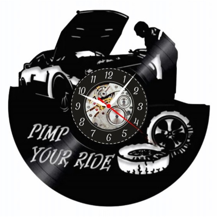 Декоративен стенен часовник от винилова плоча, дизайн Garage & Tuning Culture, кварцов механизъм, 30x30см