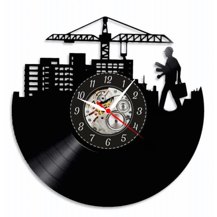 Skyline Architect dekoratív falióra, városi design, újrahasznosított bakelit lemez, kvarc mechanizmus, 30x30cm