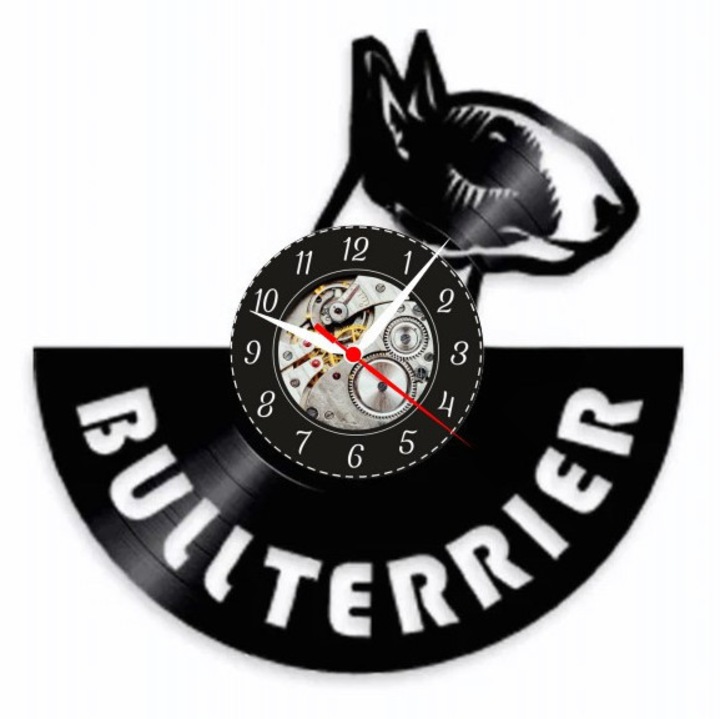 Bull Terrier dekoratív falióra, bakelit lemez design, Quartz szerkezet, fekete, 30x30cm