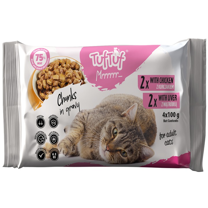 Hrana umedă pentru pisici TufTuf, set 4x100g - 2x pui, 2x ficat, toate rasele, adult