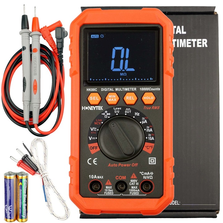 Multimetru digital Honeytek HK88C, 10.000 de masuratori, CAT III 600V NCV, gama automata