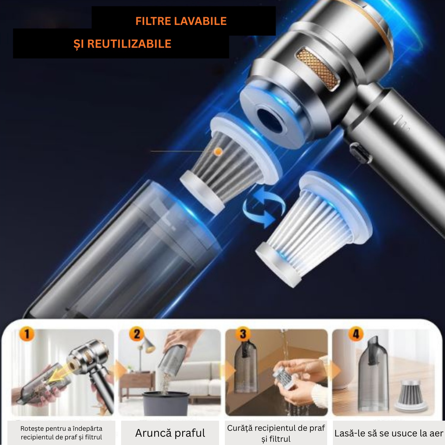 Aspirator portabil 3-in-1, JahVid, 16.000 Pa, motor brushless 100W, negru, fără fir